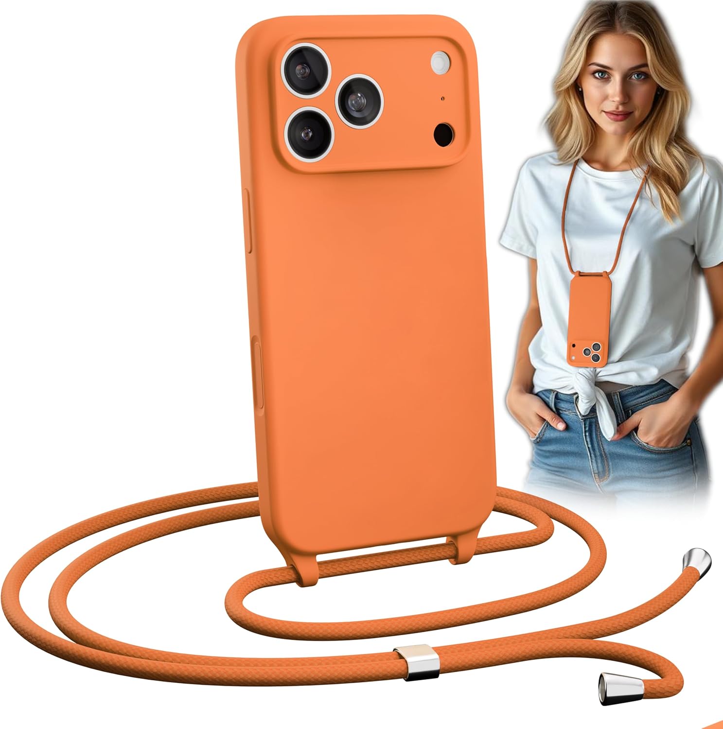 iPhone 17 Pro Max (6.9 inch) Crossbody Silicone Case with Hands-Free Adjustable Rope Orange